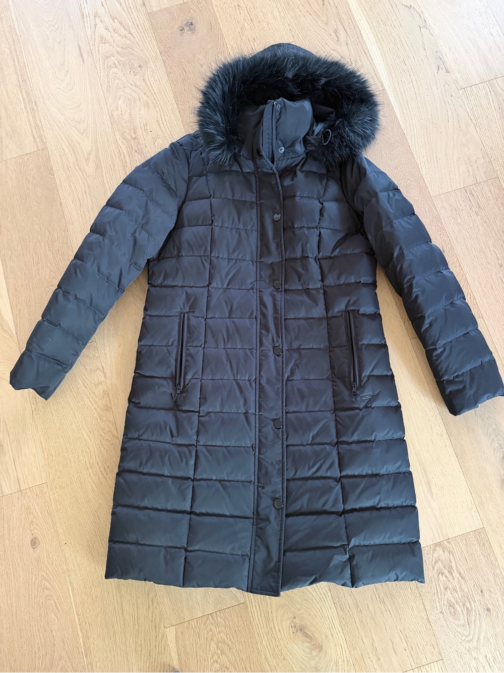 NWT Lands End Women’s Max 600 Down Black Long Puffer Coat with Faux Fur Hood
